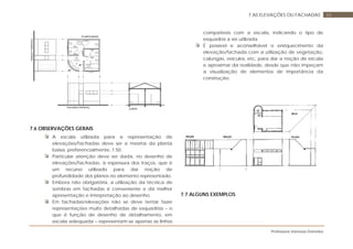 Professora Vanessa Dorneles
547 AS ELEVAÇÕES OU FACHADAS
FACHADA FRONTAL
00
FACHADALATERAL
205X60/180
HALL 60x210
PISO CERÂMICO
A=6,22 M²
+0,15
A=9,88 M²
205X60/180
PISO CERÂMICO
WC MASC
CORTE
PLANTA BAIXA
PISO CERÂMICO
60x210
80x210
60x210
A=11,15 M²
WC FEM
80x210
60x210
90x210
7.6 OBSERVAÇÕES GERAIS
A escala utilizada para a representação de
elevações/fachadas deve ser a mesma da planta
baixa, preferencialmente, 1:50.
Particular atenção deve ser dada, no desenho de
elevações/fachadas, à espessura dos traços, que é
um recurso utilizado para dar noção de
profundidade dos planos no elemento representado.
Embora não obrigatória, a utilização da técnica de
sombras em fachadas é conveniente e dá melhor
apresentação e interpretação ao desenho.
Em fachadas/elevações não se deve tentar fazer
representações muito detalhadas de esquadrias – o
que é função de desenho de detalhamento, em
escala adequada – representam-se apenas as linhas
compatíveis com a escala, indicando o tipo de
esquadria a ser utilizada.
É possível e aconselhável o enriquecimento da
elevação/fachada com a utilização de vegetação,
calungas, veículos, etc, para dar a noção de escala
e aproximar da realidade, desde que não impeçam
a visualização de elementos de importância da
construção.
7.7 ALGUNS EXEMPLOS
 