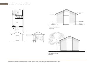 Baseada na apostila Professores Denise Schuler, Heitor Othelo Jorge Filho, José Aloísio Meulam Filho - FAG
55 Apostila de Desenho Arquitetônico
265
220
210
210
+0,35
00
+0,50 +0,48
55
7010
45
21.20 M²
TERRAÇO
SALA
13.75 M²
BANHO
5.70 M²
00
+0.35
+0.50
+0.48+0.50
+0.20
60x60/140
120x100/90
90x210
100x60/140
70x210
TIJOLO À VISTA
TELHA CERÂMICA
i=30%
TIJOLO À VISTA
SÓCULO
CONCRETO
REBOCO LISO
COR AMARELO
ELEVAÇÃO FRONTAL
SEM ESCALA
SÓCULO
CONCRETO
ELEVAÇÃO FRONTAL
SEM ESCALA
 