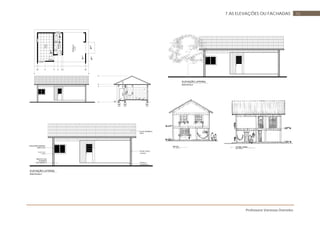 Professora Vanessa Dorneles
567 AS ELEVAÇÕES OU FACHADAS
90x210
120x100/90
00
+0.20
TERRAÇO
+0.35
21.20M²
70x210
5.70M²
BANHO+0.48+0.50
100x60/140
+0.50
13.75M²
SALA
60x60/140
00
2101070
+0,35
210
265
55
22045
+0,50 +0,48
TELHA CERÂMICA
i=30%
PILAR TIJOLO
À VISTA
SÓCULO
CONCRETO
REBOCO LISO
APARENTE
COR AMARELO
ESQUADRIA MADEIRA
VIDRO LISO
ELEVAÇÃO LATERAL
SEM ESCALA
PILAR TIJOLO
À VISTA
ELEVAÇÃO LATERAL
SEM ESCALA
 
