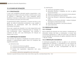 Baseada na apostila Professores Denise Schuler, Heitor Othelo Jorge Filho, José Aloísio Meulam Filho - FAG
65 Apostila de Desenho Arquitetônico
10. A PLANTA DE SITUAÇÃO
10.1 CONCEITUAÇÃO
É uma vista ortográfica principal superior esquemática, com
abrangência à toda a zona que envolve o terreno para o qual
se projetou a edificação. Tem como finalidade básica
identificar o formato, as dimensões e a localização do lote (em
zona urbana) ou da terra (em zona rural).
A representação gráfica representa o contorno do lote ou da
gleba, de todos os elementos envolventes e que auxiliem a
localização da propriedade, além dos elementos de
informação necessários.
Diz-se que a planta de situação é um vista esquemática pois
não se representam todos os elementos que se “enxerga” na
vista (construções, muros, vegetações), mas somente o
contorno do lote, com suas informações em relação ao
espaço que se situa.
10.2 COMPOSIÇÃO DO DESENHO
Para atender aos objetivos e finalidades da própria planta de
situação, a representação gráfica deve ser composta dos
seguintes elementos:
a) elementos reais:
contorno do terreno (ou gleba);
contorno do quarteirão (em zona urbana);
trechos dos quarteirões adjacentes (em zona
urbana);
acessos e elementos topográficos (em zona rural).
b) informações:
orientação geográfica (norte);
dimensões lineares e angulares do lote ou gleba
(cotas do terreno);
distância à esquina mais conveniente (zona urbana);
nome dos logradouros (zona urbana);
nome dos acessos e elementos topográficos (zona
rural);
distância a um acesso principal – rodovia estadual,
municipal ou federal (zona rural);
dimensões dos passeios e ruas (zona urbana);
outros elementos.
10.3 OBSERVAÇÕES GERAIS
10.3.1 ESCALAS
Para as plantas de situação em zona urbana, consideradas as
dimensões médias dos lotes e construções, a escala mais
conveniente geralmente é 1:1000. em zona rural, a escolha da
escala depende das dimensões da gleba, podendo variar de
1:100 até 1:50.000.
10.3.2 ORIENTAÇÃO GEOGRÁFICA
A orientação geográfica do lote ou gleba é um elemento
indispensável ao desenho, e normalmente se faz através da
indicação do norte, identificado por seta que indique a
direção e sentido do norte, acompanhada da letra N
(maiúscula).
 
