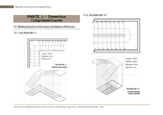 Baseada na apostila Professores Denise Schuler, Heitor Othelo Jorge Filho, José Aloísio Meulam Filho - FAG
67 Apostila de Desenho Arquitetônico
PARTE 3 - Desenhos
Complementares
11. REPRESENTAÇÃO DE ESCADAS E ELEMENTOS VERTICAIS
11.1. ESCADA EM “L”
11.2. ESCADA EM “U”
 