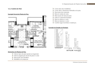 Professora Vanessa Dorneles
8414. Representação de Projeto Executivo
14.2. PLANTA DE PISO
Exemplo Parcial de Planta de Piso:
Elementos em Plantas de Piso:
Indicar tipos de pisos (pode ser legenda)
Indicar paginação inicial de pisos e cotar
Marcação dos Detalhes
Mobiliário em projeção
Cotar eixos dos mobiliários
Cotar ralos e elementos hidráulicos do piso.
Descrição dos materiais
Marcar caídas de ralos
Marcação de níveis do piso
Indicar e desenhar Rodapé
Marcar soleiras e cotar
Marcar tabeiras e cotar
Conferir vigas invertidas e balanços.
Exemplo de Detalhe de Rodapé:
 