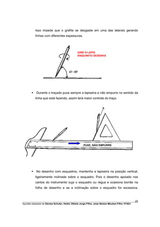 Isso impede que o grafite se desgaste em uma das laterais gerando
           linhas com diferentes espessuras.




                                              GIRE O LÁPIS
                                              ENQUANTO DESENHA




       §   Durante o traçado puxe sempre a lapiseira e não empurre no sentido da
           linha que está fazendo, assim terá maior controle do traço.




                                                   PUXE, NÃO EMPURRE




       §   No desenho com esquadros, mantenha a lapiseira na posição vertical,
           ligeiramente inclinada sobre o esquadro. Pois o desenho apoiado nos
           cantos do instrumento suja o esquadro ou régua e ocasiona borrão na
           folha de desenho e se a inclinação sobre o esquadro for excessiva,



________________________________________________________________________________________        20
Apostila adaptada de Denise Schuler, Heitor Othelo Jorge Filho, José Aloísio Meulam Filho <FAG>
 