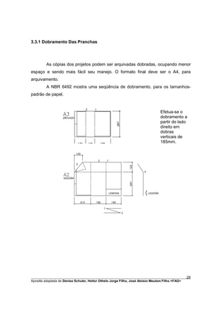 3.3.1 Dobramento Das Pranchas




         As cópias dos projetos podem ser arquivadas dobradas, ocupando menor
espaço e sendo mais fácil seu manejo. O formato final deve ser o A4, para
arquivamento.
         A NBR 6492 mostra uma seqüência de dobramento, para os tamanhos-
padrão de papel.



                                                                               Efetua-se o
                                                                               dobramento a
                                                                               partir do lado
                                                                               direito em
                                                                               dobras
                                                                               verticais de
                                                                               185mm.




________________________________________________________________________________________        28
Apostila adaptada de Denise Schuler, Heitor Othelo Jorge Filho, José Aloísio Meulam Filho <FAG>
 