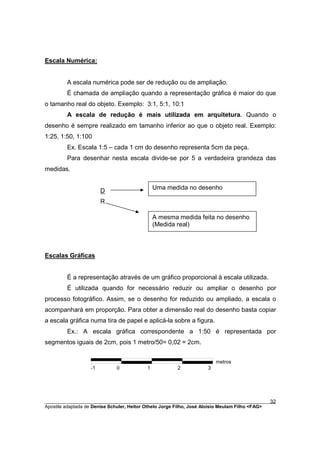 Escala Numérica:


         A escala numérica pode ser de redução ou de ampliação.
         É chamada de ampliação quando a representação gráfica é maior do que
o tamanho real do objeto. Exemplo: 3:1, 5:1, 10:1
         A escala de redução é mais utilizada em arquitetura. Quando o
desenho é sempre realizado em tamanho inferior ao que o objeto real. Exemplo:
1:25, 1:50, 1:100
         Ex. Escala 1:5 – cada 1 cm do desenho representa 5cm da peça.
         Para desenhar nesta escala divide-se por 5 a verdadeira grandeza das
medidas.


                        D                      Uma medida no desenho

                        R

                                               A mesma medida feita no desenho
                                               (Medida real)



Escalas Gráficas


         É a representação através de um gráfico proporcional à escala utilizada.
         É utilizada quando for necessário reduzir ou ampliar o desenho por
processo fotográfico. Assim, se o desenho for reduzido ou ampliado, a escala o
acompanhará em proporção. Para obter a dimensão real do desenho basta copiar
a escala gráfica numa tira de papel e aplicá-la sobre a figura.
         Ex.: A escala gráfica correspondente a 1:50 é representada por
segmentos iguais de 2cm, pois 1 metro/50= 0,02 = 2cm.


                                                                         metros
                   -1         0            1            2            3




________________________________________________________________________________________        32
Apostila adaptada de Denise Schuler, Heitor Othelo Jorge Filho, José Aloísio Meulam Filho <FAG>
 