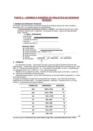 PARTE 2 – NORMAS E PADRÕES DE PROJETOS NO DESENHO
                        TÉCNICO
1. NORMAS DE DESENHOS TÉCNICOS
As normas procuram unificar os diversos elementos do desenho técnico de modo a facilitar a
execução ( uso ) , a consulta ( leitura ) e a classificação .
       A Norma Brasileira de Desenho Técnico é a NB 8 R , que trata de assuntos que serão
      estudadas adiante como : Legendas , convenções de traços , sistema de representação ,
      cotas , escalas .
                  I . LINHA - ESPESSURA
               Linha grossa
               Linha média
                ( metade da anterior )
               Linha fina
               ( metade da anterior )

              TIPOS DE LINHA
               A- Linhas gerais
               B- Linhas principais
               C- Linhas auxiliares ( cota , ladrilhos , etc. )
               D- Partes invisíveis _ _ _ _ _ _ _ _ _ _ _ _ _ _ _ _ _ _ _ _ _
               E- Eixos de simetria
               F- Seções
               G- Interrupções

2. FORMATO
     É a dimensão do papel . Os formatos de papel para execução de desenhos técnicos são
padronizados . A série mais usada de formatos é originária da Alemanha e conhecida como : série
DIN - A ( Deutsch Industrien Normen - A ) , cuja base é o formato Ao ( A zero ) , constituído por
um retângulo de 841 mm x 1189 mm = 1 m2 , aproximadamente .
     Mediante uma sucessão de cortes , dividindo em duas partes iguais os formatos , a partir do
Ao, obtém-se os tamanhos menores da série .
     Veja pelas figuras abaixo , que a maior dimensão de um formato obtido corresponde à menor
do formato anterior .
O espaço de utilização do papel fica compreendido por margens , que variam de dimensões ,
dependendo do formato usado . A margem esquerda , entretanto , é sempre 25 mm a fim de
facilitar o arquivamento em pastas próprias .
           ------------------------------------------------------------------------------------------
                               FORMATOS                   DIMENSÕES                   MARGENS
              ------------------------------------------------------------------------------------------
                                     4Ao                      1682 x 2378                        20
               ------------------------------------------------------------------------------------------
                                     2Ao                      1182 x 1682                         15
              ------------------------------------------------------------------------------------------
                                      Ao                        841 x 1189                         10
               ------------------------------------------------------------------------------------------
                                      A1                        594 x 841                         10
                ------------------------------------------------------------------------------------------
                                      A2                        420 x 594                          10
                ------------------------------------------------------------------------------------------
                                      A3                        297 x 420                          10
                ------------------------------------------------------------------------------------------
                                      A4                        210 x 297                            5
                 ------------------------------------------------------------------------------------------
                                      A5                        148 x 210                            5
________________________________________________________________________________________        37
Apostila adaptada de Denise Schuler, Heitor Othelo Jorge Filho, José Aloísio Meulam Filho <FAG>
 