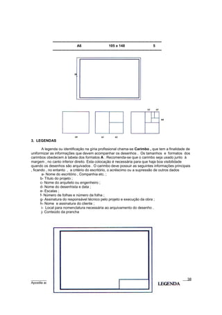 ------------------------------------------------------------------------------------------
                                 A6                        105 x 148                            5
             ------------------------------------------------------------------------------------------




3. LEGENDAS

        A legenda ou identificação na gíria profissional chama-se Carimbo , que tem a finalidade de
uniformizar as informações que devem acompanhar os desenhos . Os tamanhos e formatos dos
carimbos obedecem à tabela dos formatos A . Recomenda-se que o carimbo seja usado junto à
margem , no canto inferior direito. Esta colocação é necessária para que haja boa visibilidade
quando os desenhos são arquivados . O carimbo deve possuir as seguintes informações principais
, ficando , no entanto , a critério do escritório, o acréscimo ou a supressão de outros dados
        a- Nome do escritório , Companhia etc. ;
       b- Título do projeto ;
       c- Nome do arquiteto ou engenheiro ;
       d- Nome do desenhista e data ;
       e- Escalas ;
       f- Número de folhas e número da folha ;
       g- Assinatura do responsável técnico pelo projeto e execução da obra ;
       h- Nome e assinatura do cliente ;
        i- Local para nomenclatura necessária ao arquivamento do desenho .
        j- Conteúdo da prancha




________________________________________________________________________________________        38
Apostila adaptada de Denise Schuler, Heitor Othelo Jorge Filho, José Aloísio Meulam Filho <FAG>
 