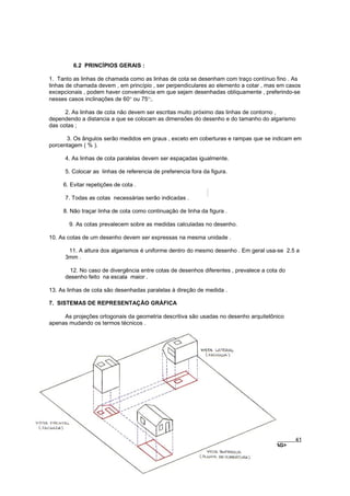 6.2 PRINCÍPIOS GERAIS :

1. Tanto as linhas de chamada como as linhas de cota se desenham com traço contínuo fino . As
linhas de chamada devem , em princípio , ser perpendiculares ao elemento a cotar , mas em casos
excepcionais , podem haver conveniência em que sejam desenhadas obliquamente , preferindo-se
nesses casos inclinações de 60° ou 75°;.

      2. As linhas de cota não devem ser escritas muito próximo das linhas de contorno ,
dependendo a distancia a que se colocam as dimensões do desenho e do tamanho do algarismo
das cotas ;

      3. Os ângulos serão medidos em graus , exceto em coberturas e rampas que se indicam em
porcentagem ( % ).

      4. As linhas de cota paralelas devem ser espaçadas igualmente.

      5. Colocar as linhas de referencia de preferencia fora da figura.

     6. Evitar repetições de cota .

      7. Todas as cotas necessárias serão indicadas .

     8. Não traçar linha de cota como continuação de linha da figura .

       9. As cotas prevalecem sobre as medidas calculadas no desenho.

10. As cotas de um desenho devem ser expressas na mesma unidade .

       11. A altura dos algarismos é uniforme dentro do mesmo desenho . Em geral usa-se 2.5 a
      3mm .

        12. No caso de divergência entre cotas de desenhos diferentes , prevalece a cota do
      desenho feito na escala maior .

13. As linhas de cota são desenhadas paralelas à direção de medida .

7. SISTEMAS DE REPRESENTAÇÃO GRÁFICA

     As projeções ortogonais da geometria descritiva são usadas no desenho arquitetônico
apenas mudando os termos técnicos .




________________________________________________________________________________________        41
Apostila adaptada de Denise Schuler, Heitor Othelo Jorge Filho, José Aloísio Meulam Filho <FAG>
 