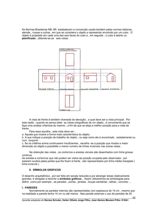 As Normas Brasileiras NB- 8R estabelecem a convenção usada também pelas normas italianas ,
alemãs , russas e outras , em que se considera o objeto a representar envolvido por um cubo . O
objeto é projetado em cada uma das seis faces do cubo e , em seguida , o cubo é aberto ou
planificado , obtendo-se as seis vistas .




       A vista de frente é também chamada de elevação , a qual deve ser a vista principal . Por
esta razão , quando se pensa obter as vistas ortográficas de um objeto , é conveniente que se
faça uma analise criteriosa do mesmo , a fim de que se eleja a melhor posição para a vista de
frente .
       Para essa escolha , esta vista deve ser :
a. Aquela que mostre a forma mais característica do objeto;
b. A que indique a posição de trabalho do objeto , ou seja como ele é encontrado , isoladamente ou
num conjunto
c. Se os critérios acima continuarem insuficientes , escolhe -se a posição que mostre a maior
dimensão do objeto e possibilite o menor numero de linhas invisíveis nas outras vistas .

       Na obtenção das vistas , os contornos e arestas visíveis são desenhados com linha grossa
continua.
As arestas e contornos que não podem ser vistos da posição ocupada pelo observador , por
estarem ocultos pelas partes que lhe ficam à frente , são representados por linha média tracejada (
linha invisível ).

      8. SÍMBOLOS GRÁFICOS

O desenho arquitetônico , por ser feito em escala reduzida e por abranger áreas relativamente
grandes, é obrigado a recorrer a símbolos gráficos . Assim utilizaremos as simbologias para
definir ,como por exemplo , as paredes , portas , janelas , louças sanitárias , telhas , concreto ...

I . PAREDES
      Normalmente as paredes internas são representadas com espessura de 15 cm , mesmo que
na realidade a parede tenha 14 cm ou até menos . Nas parede externas o uso de paredes de 20
________________________________________________________________________________________        43
Apostila adaptada de Denise Schuler, Heitor Othelo Jorge Filho, José Aloísio Meulam Filho <FAG>
 