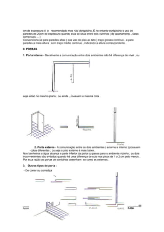 cm de espessura é o recomendado mas não obrigatório. É no entanto obrigatório o uso de
paredes de 20cm de espessura quando esta se situa entre dois vizinhos ( de apartamento , salas
comerciais ... )
Convenciona-se para paredes altas ( que vão do piso ao teto ) traço grosso contínuo , e para
paredes a meia altura , com traço médio contínuo , indicando a altura correspondente .

II. PORTAS

1. Porta interna - Geralmente a comunicação entre dois ambientes não há diferença de nível , ou




seja estão no mesmo plano , ou ainda , possuem a mesma cota .




          2. Porta externa - A comunicação entre os dois ambientes ( externo e interno ) possuem
      cotas diferentes , ou seja o piso externo é mais baixo .
Nos banheiros a água alcança a parte inferior da porta ou passa para o ambiente vizinho ; os dois
inconvenientes são evitados quando há uma diferença de cota nos pisos de 1 a 2 cm pelo menos .
Por esta razão as portas de sanitários desenham se como as externas .

3. Outros tipos de porta :
- De correr ou corrediça




________________________________________________________________________________________        44
Apostila adaptada de Denise Schuler, Heitor Othelo Jorge Filho, José Aloísio Meulam Filho <FAG>
 
