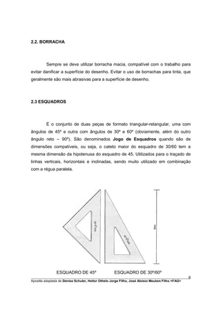 2.2. BORRACHA




         Sempre se deve utilizar borracha macia, compatível com o trabalho para
evitar danificar a superfície do desenho. Evitar o uso de borrachas para tinta, que
geralmente são mais abrasivas para a superfície de desenho.




2.3 ESQUADROS




         É o conjunto de duas peças de formato triangular-retangular, uma com
ângulos de 45º e outra com ângulos de 30º e 60º (obviamente, além do outro
ângulo reto – 90º). São denominados Jogo de Esquadros quando são de
dimensões compatíveis, ou seja, o cateto maior do esquadro de 30/60 tem a
mesma dimensão da hipotenusa do esquadro de 45. Utilizados para o traçado de
linhas verticais, horizontais e inclinadas, sendo muito utilizado em combinação
com a régua paralela.




               ESQUADRO DE 45º                    ESQUADRO DE 30º/60º
________________________________________________________________________________________        8
Apostila adaptada de Denise Schuler, Heitor Othelo Jorge Filho, José Aloísio Meulam Filho <FAG>
 