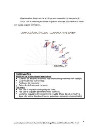 Os esquadros devem ser de acrílico e sem marcação de sua gradação.
         Ainda com a combinação destes esquadros torna-se possível traçar linhas
com outros ângulos conhecidos.




   OBSERVAÇÕES:
   Aspectos de qualidade dos esquadros:
   § Materiais de desenho de acrílico não amarelam rapidamente com o tempo;
   § Maior resistência a arranhões;
   § Facilidade de manuseio;
   § Retenção da linearidade da borda.
   Cuidados:
   § Não usar o esquadro como guia para corte;
   § Não usar o esquadro com marcadores coloridos;
   § Manter os esquadros limpos com uma solução diluída de sabão neutro e
      água (não utilizar álcool na limpeza, que deixa o esquadro esbranquiçado).




________________________________________________________________________________________        9
Apostila adaptada de Denise Schuler, Heitor Othelo Jorge Filho, José Aloísio Meulam Filho <FAG>
 
