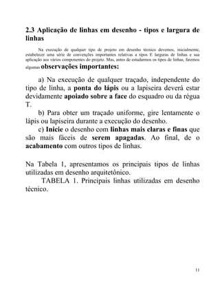 2.3 Aplicação de linhas em desenho - tipos e largura de
linhas
       Na execução de qualquer tipo de projeto em desenho técnico devemos, inicialmente,
estabelecer uma série de convenções importantes relativas a tipos E larguras de linhas e sua
aplicação aos vários componentes do projeto. Mas, antes de estudarmos os tipos de linhas, faremos
algumas   observações importantes:
     a) Na execução de qualquer traçado, independente do
tipo de linha, a ponta do lápis ou a lapiseira deverá estar
devidamente apoiado sobre a face do esquadro ou da régua
T.
     b) Para obter um traçado uniforme, gire lentamente o
lápis ou lapiseira durante a execução do desenho.
     c) Inicie o desenho com linhas mais claras e finas que
são mais fáceis de serem apagadas. Ao final, de o
acabamento com outros tipos de linhas.

Na Tabela 1, apresentamos os principais tipos de linhas
utilizadas em desenho arquitetônico.
      TABELA 1. Principais linhas utilizadas em desenho
técnico.




                                                                                              11
 