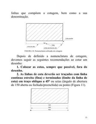 linhas que compõem a cotagem, bem como a sua
denominação.




          FIGURA 10. Nomenclatura utilizada em cotagem

    Depois de definido a nomenclatura de cotagem,
devemos seguir as seguintes recomendações ao cotar um
desenho:
    1. Colocar as cotas, sempre que possível, fora do
desenho.
    2. As linhas de cota deverão ser traçadas com linha
contínua estreita (fina) e terminadas (limite da linha de
cota) em traço oblíquo a 45° ou setas (ângulo de abertura
de 150 aberta ou fechada/preenchida) ou ponto (Figura 11).




                                                         15
 