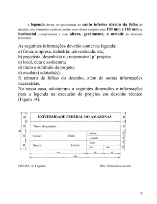 A   legenda   deverá ser posicionada no  canto inferior direito da folha de
desenho, com dimensões variáveis, porém, com valores variando entre 100 mm e 165 mm na
horizontal (comprimento) e com altura, geralmente, a metade da dimensão
horizontal.

As seguintes informações deverão conter na legenda:
a) firma, empresa, indústria, universidade, etc;
b) projetista, desenhista ou responsável p’ projeto;
c) local, data e assinatura;
d) título e subtítulo do projeto;
e) escala(s) adotada(s);
f) número de folhas do desenho, além de outras informações
necessárias.
No nosso caso, adotaremos a seguintes dimensões e informações
para a legenda na execucão de projetos em desenho técnico
(Figura 14):


              UNIVERSIDADE FEDERAL DO AMAZONAS




FIGURA 14. Legenda                                      Obs.: Dimensões em mm




                                                                                   18
 