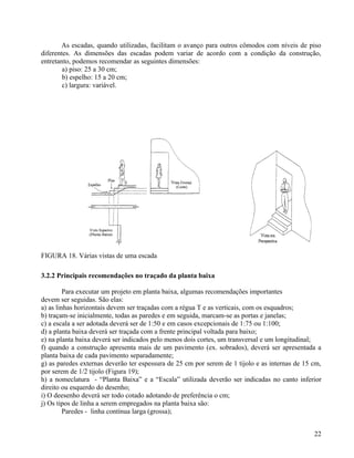 As escadas, quando utilizadas, facilitam o avanço para outros cômodos com níveis de piso
diferentes. As dimensões das escadas podem variar de acordo com a condição da construção,
entretanto, podemos recomendar as seguintes dimensões:
        a) piso: 25 a 30 cm;
        b) espelho: 15 a 20 cm;
        c) largura: variável.




FIGURA 18. Várias vistas de uma escada

3.2.2 Principais recomendações no traçado da planta baixa

         Para executar um projeto em planta baixa, algumas recomendações importantes
devem ser seguidas. São elas:
a) as linhas horizontais devem ser traçadas com a régua T e as verticais, com os esquadros;
b) traçam-se inicialmente, todas as paredes e em seguida, marcam-se as portas e janelas;
c) a escala a ser adotada deverá ser de 1:50 e em casos excepcionais de 1:75 ou 1:100;
d) a planta baixa deverá ser traçada com a frente principal voltada para baixo;
e) na planta baixa deverá ser indicados pelo menos dois cortes, um transversal e um longitudinal;
f) quando a construção apresenta mais de um pavimento (ex. sobrados), deverá ser apresentada a
planta baixa de cada pavimento separadamente;
g) as paredes externas deverão ter espessura de 25 cm por serem de 1 tijolo e as internas de 15 cm,
por serem de 1/2 tijolo (Figura 19);
h) a nomeclatura - “Planta Baixa” e a “Escala” utilizada deverão ser indicadas no canto inferior
direito ou esquerdo do desenho;
i) O deesenho deverá ser todo cotado adotando de preferência o cm;
j) Os tipos de linha a serem empregados na planta baixa são:
         Paredes - linha contínua larga (grossa);


                                                                                                22
 