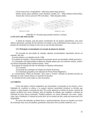 Cortes transversais e longitudinais - linha traço-ponto larga (grossa);
       Janelas, portas, peças sanitárias, cotas, hachuras, escadas, etc. - linha contínua estreita (fina);
       Arestas não visíveis acima de 180 m de altura - linha tracejada média;




                 FIGURA 19. Alvenaria para paredes internas e externas
3.3 PLANTA DE SITUAÇÃO

       A planta de situação, uma das partes constituintes de um projeto arquitetônico, tem como
objetivo apresentar a posição do lote (terreno) em relação a seus confrontantes (ruas, praças, etc.) e a
posição da construção em relação ao lote com as suas devidas dimensões.

       3.3.1 Principais recomendações no traçado da planta de situação

        Na execução de uma planta de situação, algumas recomendações importantes devem ser
seguidas. São elas:
  a) escala mínima a ser adotada será de 1-500;
  b) na planta de situação, a frente principal da construção deverá ser desenhada voltada para baixo;
  c) a construção será representada na planta de situação apenas peio seu contorno externo, sendo o
seu interior hachurado (linha contínua estreita - fina);
  d) na planta de situação deverão ser indicadas as seguintes informações:
        d.1) o terreno;
        d.2) posição da construção em relação aos limites do terreno;
        d.3) orientação geográfica com indicação do Norte (Norte Magnético);
  e) a nomenclatura ‘Planta de Situação”, bem como a “Escala” utilizada no desenho deverão ser
indicadas no canto inferior direito ou esquerdo do desenho;
  f) o desenho deverá conter todas as cotas necessárias.

3.4 CORTES

        Cortes são planos verticais imaginários que interceptam a construção no seu interior, com a
finalidade de visualizar as alturas e os espaços internos, permitindo esclarecer as dúvidas que
venham a surgir durante a execução da obra. Nos cortes aparecem as alturas de portas e peitoris de
janelas, pé-direito dos vários cômodos, além de detalhes do telhado, que compõem a estrutura de
cobertura da nossa futura construção. Também podemos ver outros elementos, tais como: vergas,
vigas, lajes e fundações. O número de cortes deve ser no mínimo de dois, sendo um transversal e um
longitudinal.
        Os cortes são indicados na planta baixa e, preferencialmente, devem ser traçados nos locais
da construção mais ricos em detalhes, geralmente sobre pisos frios (cozinha, banheiros, etc.).




                                                                                                       23
 