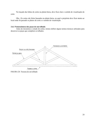 No traçado das linhas de cortes na planta baixa, deve ficar claro o sentido de visualização do
corte.

        Obs.: Os cortes são feitos baseados na planta baixa, no qual o projetista deve ficar atento ao
local onde foi passado os planos de corte e o sentido de visualização.


3.4.1 Nomenclatura das peças de um telhado
       Antes de iniciarmos o estudo de cortes, iremos definir alguns termos técnicos utilizados para
descrever as peças que compõem os telhados.




FIGURA 20. Tesoura de um telhado




                                                                                                    24
 