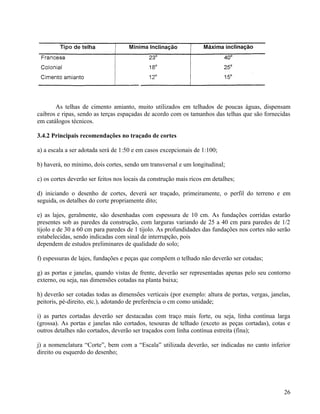 As telhas de cimento amianto, muito utilizados em telhados de poucas águas, dispensam
caibros e ripas, sendo as terças espaçadas de acordo com os tamanhos das telhas que são fornecidas
em catálogos técnicos.

3.4.2 Principais recomendações no traçado de cortes

a) a escala a ser adotada será de 1:50 e em casos excepcionais de 1:100;

b) haverá, no mínimo, dois cortes, sendo um transversal e um longitudinal;

c) os cortes deverão ser feitos nos locais da construção mais ricos em detalhes;

d) iniciando o desenho de cortes, deverá ser traçado, primeiramente, o perfil do terreno e em
seguida, os detalhes do corte propriamente dito;

e) as lajes, geralmente, são desenhadas com espessura de 10 cm. As fundações corridas estarão
presentes sob as paredes da construção, com larguras variando de 25 a 40 cm para paredes de 1/2
tijolo e de 30 a 60 cm para paredes de 1 tijolo. As profundidades das fundações nos cortes não serão
estabelecidas, sendo indicadas com sinal de interrupção, pois
dependem de estudos preliminares de qualidade do solo;

f) espessuras de lajes, fundações e peças que compõem o telhado não deverão ser cotadas;

g) as portas e janelas, quando vistas de frente, deverão ser representadas apenas pelo seu contorno
externo, ou seja, nas dimensões cotadas na planta baixa;

h) deverão ser cotadas todas as dimensões verticais (por exemplo: altura de portas, vergas, janelas,
peitoris, pé-direito, etc.), adotando de preferência o cm como unidade;

i) as partes cortadas deverão ser destacadas com traço mais forte, ou seja, linha contínua larga
(grossa). As portas e janelas não cortados, tesouras de telhado (exceto as peças cortadas), cotas e
outros detalhes não cortados, deverão ser traçados com linha contínua estreita (fina);

j) a nomenclatura “Corte”, bem com a “Escala” utilizada deverão, ser indicadas no canto inferior
direito ou esquerdo do desenho;




                                                                                                 26
 