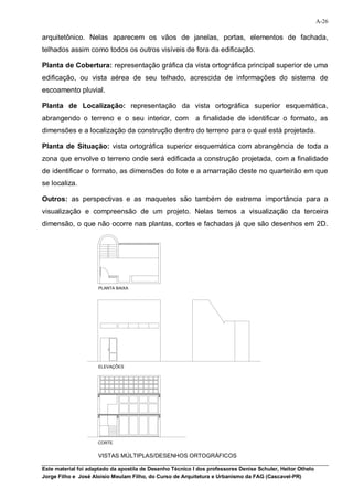 A-26

arquitetônico. Nelas aparecem os vãos de janelas, portas, elementos de fachada,
telhados assim como todos os outros visíveis de fora da edificação.

Planta de Cobertura: representação gráfica da vista ortográfica principal superior de uma
edificação, ou vista aérea de seu telhado, acrescida de informações do sistema de
escoamento pluvial.

Planta de Localização: representação da vista ortográfica superior esquemática,
abrangendo o terreno e o seu interior, com                 a finalidade de identificar o formato, as
dimensões e a localização da construção dentro do terreno para o qual está projetada.

Planta de Situação: vista ortográfica superior esquemática com abrangência de toda a
zona que envolve o terreno onde será edificada a construção projetada, com a finalidade
de identificar o formato, as dimensões do lote e a amarração deste no quarteirão em que
se localiza.

Outros: as perspectivas e as maquetes são também de extrema importância para a
visualização e compreensão de um projeto. Nelas temos a visualização da terceira
dimensão, o que não ocorre nas plantas, cortes e fachadas já que são desenhos em 2D.




                     PLANTA BAIXA




                     ELEVAÇÕES




                     CORTE


                     VISTAS MÚLTIPLAS/DESENHOS ORTOGRÁFICOS

Este material foi adaptado da apostila de Desenho Técnico I dos professores Denise Schuler, Heitor Othelo
Jorge Filho e José Aloísio Meulam Filho, do Curso de Arquitetura e Urbanismo da FAG (Cascavel-PR)
 