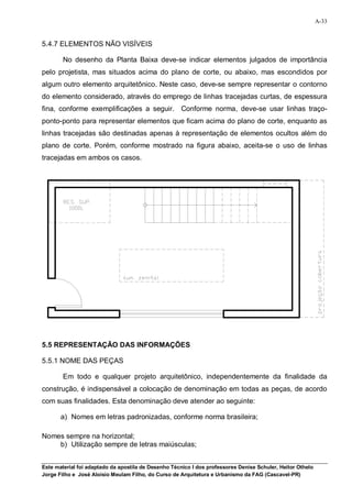 A-33


5.4.7 ELEMENTOS NÃO VISÍVEIS

        No desenho da Planta Baixa deve-se indicar elementos julgados de importância
pelo projetista, mas situados acima do plano de corte, ou abaixo, mas escondidos por
algum outro elemento arquitetônico. Neste caso, deve-se sempre representar o contorno
do elemento considerado, através do emprego de linhas tracejadas curtas, de espessura
fina, conforme exemplificações a seguir. Conforme norma, deve-se usar linhas traço-
ponto-ponto para representar elementos que ficam acima do plano de corte, enquanto as
linhas tracejadas são destinadas apenas à representação de elementos ocultos além do
plano de corte. Porém, conforme mostrado na figura abaixo, aceita-se o uso de linhas
tracejadas em ambos os casos.




5.5 REPRESENTAÇÃO DAS INFORMAÇÕES

5.5.1 NOME DAS PEÇAS

        Em todo e qualquer projeto arquitetônico, independentemente da finalidade da
construção, é indispensável a colocação de denominação em todas as peças, de acordo
com suas finalidades. Esta denominação deve atender ao seguinte:

       a) Nomes em letras padronizadas, conforme norma brasileira;

Nomes sempre na horizontal;
    b) Utilização sempre de letras maiúsculas;


Este material foi adaptado da apostila de Desenho Técnico I dos professores Denise Schuler, Heitor Othelo
Jorge Filho e José Aloísio Meulam Filho, do Curso de Arquitetura e Urbanismo da FAG (Cascavel-PR)
 