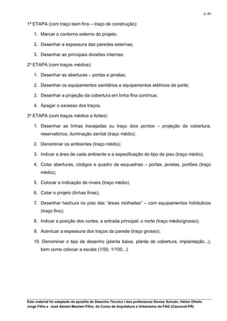 A-40

1ª ETAPA (com traço bem fino – traço de construção):

    1. Marcar o contorno externo do projeto;

    2. Desenhar a espessura das paredes externas;

    3. Desenhar as principais divisões internas;

2ª ETAPA (com traços médios):

    1. Desenhar as aberturas – portas e janelas;

    2. Desenhar os equipamentos sanitários e equipamentos elétricos de porte;

    3. Desenhar a projeção da cobertura em linha fina contínua;

    4. Apagar o excesso dos traços.

3ª ETAPA (com traços médios e fortes):

    1. Desenhar as linhas tracejadas ou traço dois pontos – projeção da cobertura,
        reservatórios, iluminação zenital (traço médio);

    2. Denominar os ambientes (traço médio);

    3. Indicar a área de cada ambiente e a especificação do tipo de piso (traço médio);

    4. Cotar aberturas, códigos e quadro de esquadrias – portas, janelas, portões (traço
        médio);

    5. Colocar a indicação de níveis (traço médio);

    6. Cotar o projeto (linhas finas);

    7. Desenhar hachura no piso das “áreas molhadas” – com equipamentos hidráulicos
        (traço fino);

    8. Indicar a posição dos cortes; a entrada principal; o norte (traço médio/grosso);

    9. Acentuar a espessura dos traços da parede (traço grosso);

    10. Denominar o tipo de desenho (planta baixa, planta de cobertura, implantação...),
        bem como colocar a escala (1/50; 1/100...).




Este material foi adaptado da apostila de Desenho Técnico I dos professores Denise Schuler, Heitor Othelo
Jorge Filho e José Aloísio Meulam Filho, do Curso de Arquitetura e Urbanismo da FAG (Cascavel-PR)
 