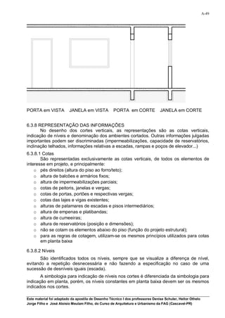 A-49




PORTA em VISTA           JANELA em VISTA            PORTA em CORTE              JANELA em CORTE


6.3.8 REPRESENTAÇÃO DAS INFORMAÇÕES
       No desenho dos cortes verticais, as representações são as cotas verticais,
indicação de níveis e denominação dos ambientes cortados. Outras informações julgadas
importantes podem ser discriminadas (impermeabilizações, capacidade de reservatórios,
inclinação telhados, informações relativas a escadas, rampas e poços de elevador...)
6.3.8.1 Cotas
       São representadas exclusivamente as cotas verticais, de todos os elementos de
interesse em projeto, e principalmente:
    o pés direitos (altura do piso ao forro/teto);
    o altura de balcões e armários fixos;
    o altura de impermeabilizações parciais;
    o cotas de peitoris, janelas e vergas;
    o cotas de portas, portões e respectivas vergas;
    o cotas das lajes e vigas existentes;
    o alturas de patamares de escadas e pisos intermediários;
    o altura de empenas e platibandas;
    o altura de cumeeiras;
    o altura de reservatórios (posição e dimensões);
    o não se cotam os elementos abaixo do piso (função do projeto estrutural);
    o para as regras de cotagem, utilizam-se os mesmos princípios utilizados para cotas
       em planta baixa

6.3.8.2 Níveis
      São identificados todos os níveis, sempre que se visualize a diferença de nível,
evitando a repetição desnecessária e não fazendo a especificação no caso de uma
sucessão de desníveis iguais (escada).
       A simbologia para indicação de níveis nos cortes é diferenciada da simbologia para
indicação em planta, porém, os níveis constantes em planta baixa devem ser os mesmos
indicados nos cortes.

Este material foi adaptado da apostila de Desenho Técnico I dos professores Denise Schuler, Heitor Othelo
Jorge Filho e José Aloísio Meulam Filho, do Curso de Arquitetura e Urbanismo da FAG (Cascavel-PR)
 