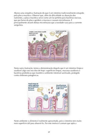! "'!
Abaixo uma simpática ilustração do que é um intestino tradicionalmente entupido
pela placa mucótica. Observe que, além da dificuldade na absorção dos
nutrientes, a placa mucótica serve como um lar perfeito para bactérias nocivas,
que por baixo da placa agridem a mucosa e causam microfissuras. É
principalmente através destas microfissuras que a toxidade vaza para a corrente
sanguínea.
Nesta outra ilustração, temos a demonstração daquilo que é um intestino limpo e
saudável (algo raro nos dias de hoje): superfícies limpas, mucosas saudáveis e
bactérias probióticas que mantém o ambiente intestinal sanitizado, protegido
contra disbioses patogênicas.
Neste ambiente o alimento é realmente aproveitado, pois o intestino tem muito
mais superfície útil para absorvê-lo. Por este motivo é comum que após a
 