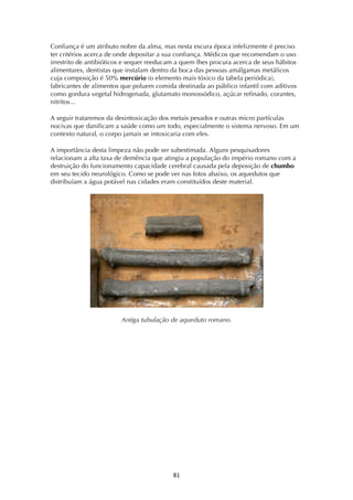 ! (*!
Confiança é um atributo nobre da alma, mas nesta escura época infelizmente é preciso
ter critérios acerca de onde depositar a sua confiança. Médicos que recomendam o uso
irrestrito de antibióticos e sequer reeducam a quem lhes procura acerca de seus hábitos
alimentares, dentistas que instalam dentro da boca das pessoas amálgamas metálicos
cuja composição é 50% mercúrio (o elemento mais tóxico da tabela periódica),
fabricantes de alimentos que poluem comida destinada ao público infantil com aditivos
como gordura vegetal hidrogenada, glutamato monossódico, açúcar refinado, corantes,
nitritos...
A seguir trataremos da desintoxicação dos metais pesados e outras micro partículas
nocivas que danificam a saúde como um todo, especialmente o sistema nervoso. Em um
contexto natural, o corpo jamais se intoxicaria com eles.
A importância desta limpeza não pode ser subestimada. Alguns pesquisadores
relacionam a alta taxa de demência que atingiu a população do império romano com a
destruição do funcionamento capacidade cerebral causada pela deposição de chumbo
em seu tecido neurológico. Como se pode ver nas fotos abaixo, os aquedutos que
distribuíam a água potável nas cidades eram constituídos deste material.
Antiga tubulação de aqueduto romano.
 