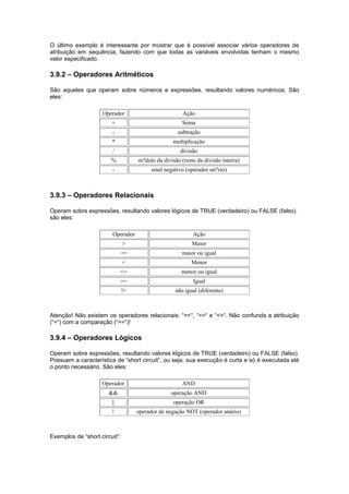 O último exemplo é interessante por mostrar que é possível associar vários operadores de
atribuição em sequência, fazendo com que todas as variáveis envolvidas tenham o mesmo
valor especificado.
3.9.2 – Operadores Aritméticos
São aqueles que operam sobre números e expressões, resultando valores numéricos. São
eles:
Operador Ação
+ Soma
- subtração
* multiplicação
/ divisão
% m?dulo da divisão (resto da divisão inteira)
- sinal negativo (operador un?rio)
3.9.3 – Operadores Relacionais
Operam sobre expressões, resultando valores lógicos de TRUE (verdadeiro) ou FALSE (falso).
são eles:
Operador Ação
> Maior
>= maior ou igual
< Menor
<= menor ou igual
== Igual
!= não igual (diferente)
Atenção! Não existem os operadores relacionais: “=<“, “=>“ e “<>“. Não confunda a atribuição
(“=“) com a comparação (“==“)!
3.9.4 – Operadores Lógicos
Operam sobre expressões, resultando valores lógicos de TRUE (verdadeiro) ou FALSE (falso).
Possuem a característica de “short circuit”, ou seja, sua execução é curta e só é executada até
o ponto necessário. São eles:
Operador AND
&& operação AND
|| operação OR
! operador de negação NOT (operador unário)
Exemplos de “short circuit”:
 