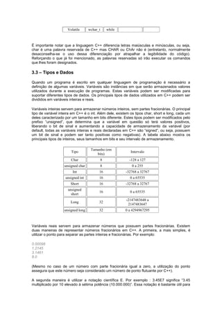 Volatile wchar_t while 
É importante notar que a linguagem C++ diferencia letras maiúsculas e minúsculas, ou seja, 
char é uma palavra reservada de C++ mas CHAR ou ChAr não é (entretanto, normalmente 
desaconselha-se o uso dessa diferenciação por atrapalhar a legibilidade do código). 
Reforçando o que já foi mencionado, as palavras reservadas só irão executar os comandos 
que lhes foram designados. 
3.3 – Tipos e Dados 
Quando um programa é escrito em qualquer linguagem de programação é necessário a 
definição de algumas variáveis. Variáveis são instâncias em que serão armazenados valores 
utilizados durante a execução de programas. Estas variáveis podem ser modificadas para 
suportar diferentes tipos de dados. Os principais tipos de dados utilizados em C++ podem ser 
divididos em variáveis inteiras e reais. 
Variáveis inteiras servem para armazenar números inteiros, sem partes fracionárias. O principal 
tipo de variável inteira em C++ é o int. Além dele, existem os tipos char, short e long, cada um 
deles caracterizado por um tamanho em bits diferente. Estes tipos podem ser modificados pelo 
prefixo “unsigned”, que determina que a variável em questão só terá valores positivos, 
liberando o bit de sinal e aumentando a capacidade de armazenamento da variável (por 
default, todas as variáveis inteiras e reais declaradas em C++ são “signed”, ou seja, possuem 
um bit de sinal e podem ser tanto positivas como negativas). A tabela abaixo mostra os 
principais tipos de inteiros, seus tamanhos em bits e seu intervalo de armazenamento. 
Tipo 
Tamanho (em 
bits) 
Intervalo 
Char 8 -128 a 127 
unsigned char 8 0 a 255 
Int 16 -32768 a 32767 
unsigned int 16 0 a 65535 
Short 16 -32768 a 32767 
unsigned 
16 0 a 65535 
short 
Long 32 
-2147483648 a 
2147483647 
unsigned long 32 0 a 4294967295 
Variáveis reais servem para armazenar números que possuem partes fracionárias. Existem 
duas maneiras de representar números fracionários em C++. A primeira, a mais simples, é 
utilizar o ponto para separar as partes inteiras e fracionárias. Por exemplo: 
0.00098 
1.2145 
3.1461 
8.0 
(Mesmo no caso de um número com parte fracionária igual a zero, a utilização do ponto 
assegura que este número seja considerado um número de ponto flutuante por C++). 
A segunda maneira é utilizar a notação científica E. Por exemplo : 3.45E7 significa “3.45 
multiplicado por 10 elevado à sétima potência (10.000.000)”. Essa notação é bastante útil para 
 
