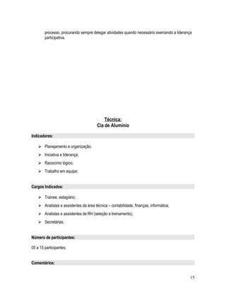processo, procurando sempre delegar atividades quando necessário exercendo a liderança
participativa.
Técnica:
Cia de Alumínio
Indicadores:
 Planejamento e organização;
 Iniciativa e liderança;
 Raciocínio lógico;
 Trabalho em equipe;
Cargos Indicados:
 Trainee, estagiário;
 Analistas e assistentes da área técnica – contabilidade, finanças, informática;
 Analistas e assistentes de RH (seleção e treinamento);
 Secretárias;
Número de participantes:
05 a 15 participantes;
Comentários:
15
 