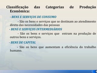 Classificação das Categorias de Produção 
Econômica: 
- BENS E SERVIÇOS DE CONSUMO 
- São os bens e serviços que se destinam ao atendimento 
direto das necessidades das pessoas 
- BENS E SERVIÇOS INTERMEDIÁRIOS 
- São os bens e serviços que entram na produção de 
outros bens e serviços. 
- BENS DE CAPITAL 
- São os bens que aumentam a eficiência do trabalho 
humano. 
 