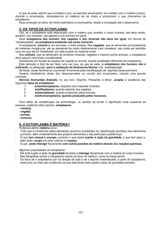 O que se pode admitir que aconteça é que, os espíritos encarnados, em contato com a matéria (corpo),
durante a encarnação, manipulam-na (a matéria) de tal modo a produzirem o que chamamos de
ectoplasma.
Essa produção se daria, de modo automático e inconsciente, desde a concepção até o desencarne.
5. OS TIPOS DE ECTOPLASMA
Ora, se o ectoplasma está relacionado com a matéria que constitui o corpo humano, ele deve existir,
também, nos minerais, nas plantas e nos animais em geral.
Esse ectoplasma dos animais, dos vegetais e dos minerais não deve ser igual, em termos de
“complexidade”, ao ectoplasma existente nos seres humanos.
O ectoplasma mineral é, em princípio, o mais simples. Nos vegetais, que se alimentam principalmente
de materiais inorgânicos, ele se apresenta de modo relativamente mais complexo, isso pode ser admitido
uma vez que ele foi “trabalhado” por elas a partir do material inicial.
Nos animais, que se alimentam de produtos minerais, vegetais e mesmo outros animais, o ectoplasma
deve adquirir uma maior complexidade.
Certamente em função da espécie de vegetal ou animal, haverá qualidades diferentes de ectoplasma.
Esta dedução é fácil de ser feita, uma vez que, ao que se sabe, o ectoplasma não humano não é
suficiente, ou adequado, para a realização de fenômenos físicos e de materialização.
Se fosse, esses fenômenos ocorreriam livremente pela manifestação de espíritos desencarnados.
Haveria interferência direta dos desencarnados no mundo dos encarnados, criando uma grande
confusão.
Hernani Guimarães Andrade, no seu livro “Espírito, Perispírito e Alma”, propõe a existência dos
seguintes tipos de ectoplasma:
1. ectomineroplasma, originário dos materiais minerais;
2. ectofitoplasma, quando extraído dos vegetais;
3. ectozooplasma, quando produzido pelos animais;
4. ectohumanoplasma, quando produzido pelos humanos.
Para efeito de simplificação de terminologia, no sentido de tornar o significado mais acessível às
pessoas, podemos dizer apenas. ectoplasma:
- mineral,
- vegetal,
- animal,
- humano.
6. O ECTOPLASMA É MATÉRIA?
Podemos definir matéria como:
- Tudo que é constituído pelos elementos químicos constantes da classificação periódica dos elementos
químicos, além evidentemente dos próprios elementos e das partículas subatômicas.
- O que tem massa e energia, portanto o que estaá sujeito à ação da gravidade, o que tem peso e,
além disto, ocupa um certo volume no espaço.
- O que pode interagir fisicamente com outras porções da matéria através das reações químicas.
Algumas propriedades do ectoplasma:
- Ele está sujeito à ação da gravidade terrestre e interage fisicamente com a matéria do corpo humano.
- Nas fotografias vemos o ectoplasma saindo da boca do médium, como se fosse panos.
- Os fatos de o ectoplasma cair na direção do solo e de o espírito materializado, a partir do ectoplasma,
estar junto ao chão são evidências de que este fluido está sujeito à ação da gravidade terrestre.
167
 