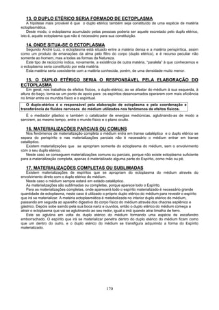 13. O DUPLO ETÉRICO SERIA FORMADO DE ECTOPLASMA
A hipótese mais provável é que o duplo etérico também seja constituído de uma espécie de matéria
ectoplasmática.
Deste modo, o ectoplasma acumulado pelas pessoas poderia ser aquele escretado pelo duplo etérico,
isto é, aquele ectoplasma que não é necessário para sua constituição.
14. ONDE SITUA-SE O ECTOPLASMA
Segundo André Luiz, o ectoplasma está situado entre a matéria densa e a matéria perispirítica, assim
como um produto de emanações da alma pelo filtro do corpo (duplo etérico), e é recurso peculiar não
somente ao homem, mas a todas as formas da Natureza.
Este tipo de raciocínio indica, novamente, a existência de outra matéria, “paralela” à que conhecemos e
o ectoplasma seria constituído por esta matéria.
Esta matéria seria coexistente com a matéria conhecida, porém, de uma densidade muito menor.
15. O DUPLO ETÉRICO SERIA O RESPONSÁVEL PELA ELABORAÇÃO DO
ECTOPLASMA
Em geral, nos trabalhos de efeitos físicos, o duplo-etérico, ao se afastar do médium à sua esquerda, à
altura do baço, torna-se um ponto de apoio para os espíritos desencarnados operarem com mais eficiência
no limiar entre os mundos físico e o espiritual.
O duplo-etérico é o responsável pela elaboração de ectoplasma e pela coordenação e
transferência de fluidos nervosos do médium utilizados nos fenômenos de efeitos físicos.
É o mediador plástico e também o catalizador de energias mediúnicas, aglutinando-as de modo a
servirem, ao mesmo tempo, entre o mundo físico e o plano oculto.
16. MATERIALIZAÇÕES PARCIAIS OU COMUNS
Nos fenômenos de materialização completa o médium entra em transe cataléptico e o duplo etérico se
separa do perispírito e nas materializações parciais não é necessário o médium entrar em transe
cataléptico.
Existem materializações que se apropriam somente do ectoplasma do médium, sem o envolvimento
com o seu duplo etérico.
Neste caso se conseguem materializações comuns ou parciais, porque não existe ectoplasma suficiente
para a materialização completa, apenas é materializado alguma parte do Espírito, como mão ou pé.
17. MATERIALIZAÇÕES COMPLETAS OU SUBLIMADAS
Existem materializações de espíritos que se apropriam do ectoplasma do médium através do
envolvimento direto com o duplo etérico do médium.
Neste caso o médium sempre estará em estado cataléptico.
As materializações são sublimadas ou completas, porque aparece todo o Espírito.
Para as materializações completas, onde aparecerá todo o espírito materializado é necessário grande
quantidade de ectoplasma, neste caso é utilizado o próprio duplo etérico do médium para revestir o espírito
que irá se materializar. A matéria ectoplasmática é metabolizada no interior duplo etérico do médium,
passando em seguida ao aparelho digestivo do corpo físico do médium através dos chacras esplênico e
gástrico. Depois sobe saindo pela sua boca nariz e ouvidos, então o duplo etérico do médium começa a
atrair o ectoplasma que vai se aglutinando ao seu redor, igual a imã quando atrai limalha de ferro.
Este se aglutina em volta do duplo etérico do médium formando uma espécie de escafandro
emborrachado. O espírito que irá se materializar penetra dentro do duplo etérico do médium ficam como
que um dentro do outro, e o duplo etérico do médium se transfigura adquirindo a forma do Espírito
materializado.
170
 