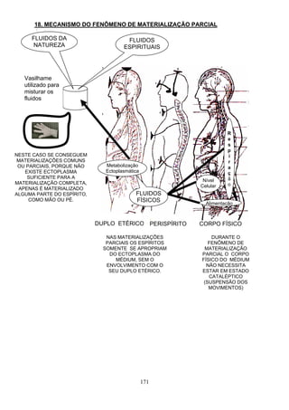 18. MECANISMO DO FENÔMENO DE MATERIALIZAÇÃO PARCIAL
- .
CORPO FÍSICO
Alimentação
R
e
s
p
i
r
a
ç
ã
o
Nível
Celular
NAS MATERIALIZAÇÕES
PARCIAIS OS ESPÍRITOS
SOMENTE SE APROPRIAM
DO ECTOPLASMA DO
MÉDIUM, SEM O
ENVOLVIMENTO COM O
SEU DUPLO ETÉRICO.
FLUIDOS
FÍSICOS
FLUIDOS DA
NATUREZA
Vasilhame
utilizado para
misturar os
fluidos
NESTE CASO SE CONSEGUEM
MATERIALIZAÇÕES COMUNS
OU PARCIAIS, PORQUE NÃO
EXISTE ECTOPLASMA
SUFICIENTE PARA A
MATERIALIZAÇÃO COMPLETA,
APENAS É MATERIALIZADO
ALGUMA PARTE DO ESPÍRITO,
COMO MÃO OU PÉ.
DUPLO ETÉRICO PERISPÍRITO
Metabolização
Ectoplasmática
FLUIDOS
ESPIRITUAIS
DURANTE O
FENÔMENO DE
MATERIALIZAÇÃO
PARCIAL O CORPO
FÍSICO DO MÉDIUM
NÃO NECESSITA
ESTAR EM ESTADO
CATALÉPTICO
(SUSPENSÃO DOS
MOVIMENTOS)
171
 