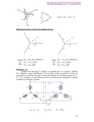 Generated by Foxit PDF Creator © Foxit Software
                                               http://www.foxitsoftware.com For evaluation only.




                                                                  ∑ (EAB + ECA + EBC) = 0




Diagrama de fasores a partir da seqüência de fase:




 Tensão   E AB  E AB / 0 (referência )                Tensão   E AN  E AN / 0 (referência )
                                                                 
    de    E CA  E CA /  120                            de     E CN  E CN /  120
  linha   E  E / 120                                   fase    E  E / 120
           BC      BC                                             BN      BN



Sistemas Y – Y:
        Quando uma carga tipo Y é ligada a um gerador tipo Y, o sistema é chamado
Y-Y. Quando a carga é equilibrada, o fio que liga o neutro do gerador ao neutro da
carga pode ser removido sem que o circuito seja afetado. Isso acontece porque se Z1 =
Z2 = Z3 a corrente IN é nula. Porém, este fio é necessário para transportar a corrente
resultante de volta para o gerador.




                    I g  I L  I L ;     V  E  ;        E L  3 V


                                                                                               39
 