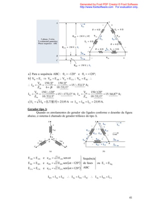 Generated by Foxit PDF Creator © Foxit Software
                                                 http://www.foxitsoftware.com For evaluation only.




a  Para a sequência ABC :  2  120 e 3  120;
b  V  E L  Vab  E AB ; Vca  E CA ; Vbc  E BC 
           Vab 150 / 0   150 / 0
 Iab                             15 /  53,13 A;
           Zab   6  j8 10 / 53,13
         Vbc 150 /  120                           V     150 / 120
I bc                     15 /  173,13 A; I ca  ca              15 / 66,87 A;
         Z bc 10 / 53,13                           Zca 10 / 53,13
c  I L  3 I  1,7315  25,95 A  I Aa  I Bb  I Cc  25,95 A.

Gerador tipo Δ:
       Quando os enrolamentos do gerador são ligados conforme o desenho da figura
abaixo, o sistema é chamado de gerador trifásico do tipo Δ.




E AB  E AN e e AN  2 E AN sen t               Sequência
                                                
                                                
E BC  E BN e e BN       2 E BN sen t  120 de fases ou E L  E g
                                                
E CA  E CN e eCN        2 E CN sen t  120 ABC
                                                

                    I BA  I Aa  I AC  I Aa  I BA  I AC  I Aa  I BA  ICA




                                                                                          41
 