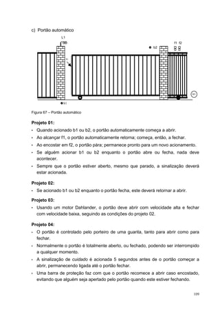 c) Portão automático
                 L1
                                                                        f1 f2
                                                              b2


                      S1




                                                                                  M1


                  b1

Figura 67 – Portão automático

Projeto 01:
•   Quando acionado b1 ou b2, o portão automaticamente começa a abrir.
•   Ao alcançar f1, o portão automaticamente retorna; começa, então, a fechar.
•   Ao encostar em f2, o portão pára; permanece pronto para um novo acionamento.
•   Se alguém acionar b1 ou b2 enquanto o portão abre ou fecha, nada deve
    acontecer.
•   Sempre que o portão estiver aberto, mesmo que parado, a sinalização deverá
    estar acionada.

Projeto 02:
•   Se acionado b1 ou b2 enquanto o portão fecha, este deverá retornar a abrir.

Projeto 03:
•   Usando um motor Dahlander, o portão deve abrir com velocidade alta e fechar
    com velocidade baixa, seguindo as condições do projeto 02.

Projeto 04:
•   O portão é controlado pelo porteiro de uma guarita, tanto para abrir como para
    fechar.
•   Normalmente o portão é totalmente aberto, ou fechado, podendo ser interrompido
    a qualquer momento.
•   A sinalização de cuidado é acionada 5 segundos antes de o portão começar a
    abrir, permanecendo ligada até o portão fechar.
•   Uma barra de proteção faz com que o portão recomece a abrir caso encostado,
    evitando que alguém seja apertado pelo portão quando este estiver fechando.


                                                                                  109
 