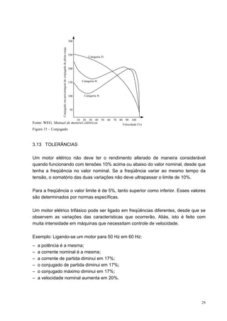 300




                  Conjugado em percentagem do conjugado de plena carga
                                                                         250
                                                                                     Categoria D


                                                                         200



                                                                         150     Categoria H



                                                                         100      Categoria N



                                                                         50


                                                                               10 20 30 40 50 60 70 80 90 100
Fonte: WEG. Manual de motores elétricos                                                               Velocidade (%)
Figura 15 – Conjugado



3.13 TOLERÂNCIAS

Um motor elétrico não deve ter o rendimento alterado de maneira considerável
quando funcionando com tensões 10% acima ou abaixo do valor nominal, desde que
tenha a freqüência no valor nominal. Se a freqüência variar ao mesmo tempo da
tensão, o somatório das duas variações não deve ultrapassar o limite de 10%.

Para a freqüência o valor limite é de 5%, tanto superior como inferior. Esses valores
são determinados por normas específicas.

Um motor elétrico trifásico pode ser ligado em freqüências diferentes, desde que se
observem as variações das características que ocorrerão. Aliás, isto é feito com
muita intensidade em máquinas que necessitam controle de velocidade.

Exemplo: Ligando-se um motor para 50 Hz em 60 Hz:
–   a potência é a mesma;
–   a corrente nominal é a mesma;
–   a corrente de partida diminui em 17%;
–   o conjugado de partida diminui em 17%;
–   o conjugado máximo diminui em 17%;
–   a velocidade nominal aumenta em 20%.




                                                                                                                       29
 