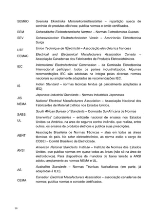 SEMKO   Svenska Ekektriska Materielkontrollanstalten – repartição sueca de
         controle de produtos elétricos; publica normas e emite certificados.
 SEM     Schwedische Elektrotechnische Normen – Normas Eletrotécnicas Suecas
 SEV     Schweizerischer Elektrotechnischer Verein – Associação Eletrotécnica
         Suíça
         Union Technique de l’Électricité – Associação eletrotécnica francesa
 UTE
         Electrical and Electronical Manufacturers Association Canada           –
 EEMAC
         Associação Canadense dos Fabricantes de Produtos Eletroeletrônicos
         International Electrotechnical Commission – da Comissão Eletrotécnica
 IEC
         Internacional participam todos os países industrializados. Algumas
         recomendações IEC são adotadas na íntegra pelas diversas normas
         nacionais ou amplamente adaptadas às recomendações IEC.
         Indian Standard – normas técnicas hindus (já parcialmente adaptadas à
 IS
         IEC)
         Japanese Industrial Standards – Normas Industriais Japonesas
 JIS
         National Electrical Manufacturers Association – Associação Nacional dos
 NEMA    Fabricantes de Material Elétrico nos Estados Unidos.
         South African Bureau of Standards – Comissão Sul-Africana de Normas
 SABS
         Unerwrites’ Laboratories – entidade nacional de ensaios nos Estados
 UL      Unidos da América, na área de seguros contra incêndio, que realiza, entre
         outros, os ensaios de produtos elétricos e publica suas prescrições.
         Associação Brasileira de Normas Técnicas – atua em todas as áreas
 ABNT    técnicas do país. No setor eletroeletrônico, as norma estão a cargo do
         COBEI – Comitê Brasileiro de Eletricidade.
         American National Standards Institute – Instituto de Normas dos Estados
 ANSI    Unidos, que publica normas em quase todas as áreas (não só na área de
         eletrotécnica). Para dispositivos de manobra de baixa tensão a ANSI
         adotou amplamente as normas NEMA e UL.
         Australien Standards – Normas Técnicas Australianas (em parte, já
 AS      adaptadas à IEC).
         Canadian Electrical Manufacturers Association – associação canadense de
 CEMA    normas; publica normas e concede certificados.




98
 