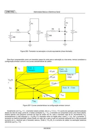 [ 104 / 113 ] Eletricidade Básica e Eletrônica Geral 
Figura 206 -Transistor na saturação e circuito equivalente (chave fechada). 
Para ficar compreendido como um transistor passa do corte para a saturação ou vice-versa, iremos considerar a 
configuração emissor comum e as curvas características de coletor. 
Figura 207- Curvas características na configuração emissor comum 
Inicialmente com VBB = 0, o transistor estará cortado, isto é, IB = 0 e IC = 0 o ponto de operação estará localizado 
abaixo da reta de carga, ponto B, e nestas condições VCE = VCC o transistor se comportará como uma chave aberta, 
existirá apenas uma pequena corrente de fuga da ordem de nA, caso o transistor seja de Sí. Aumentando VBB, 
aumentaremos IB (não esqueça IB = VBB/RB) e o transistor entra na região ativa, onde IC = β.IB. Se IB aumentar, IC 
aumenta na mesma proporção, porém existe um valor de IB para o qual um aumento adicional em IB não provocará 
aumento em IC, dizemos que o transistor saturou. Onde IC =VCC/RC é a corrente de coletor na saturação (estamos 
admitindo que VCE = 0). 
SOCIESC 
 