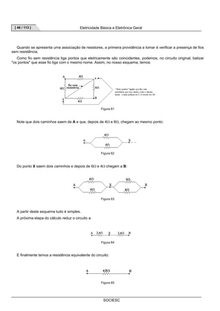 [ 46 / 113 ] Eletricidade Básica e Eletrônica Geral 
Quando se apresenta uma associação de resistores, a primeira providência a tomar é verificar a presença de fios 
SOCIESC 
sem resistência. 
Como fio sem resistência liga pontos que eletricamente são coincidentes, podemos, no circuito original, batizar 
os pontos que esse fio liga com o mesmo nome. Assim, no nosso esquema, temos: 
Figura 61 
Note que dois caminhos saem de A e que, depois de 4Ω e 6Ω, chegam ao mesmo ponto: 
Figura 62 
Do ponto X saem dois caminhos e depois de 6Ω e 4Ω chegam a B: 
Figura 63 
A partir deste esquema tudo é simples. 
A próxima etapa do cálculo reduz o circuito a: 
Figura 64 
E finalmente temos a resistência equivalente do circuito: 
Figura 65 
 