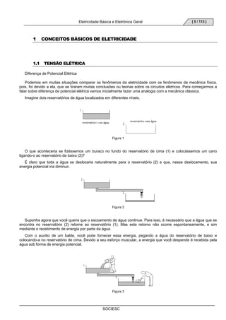 Eletricidade Básica e Eletrônica Geral 
SOCIESC 
[ 5 / 113 ] 
1 CONCEITOS BÁSICOS DE ELETRICIDADE 
1.1 TENSÃO ELÉTRICA 
Diferença de Potencial Elétrica 
Podemos em muitas situações comparar os fenômenos da eletricidade com os fenômenos da mecânica física, 
pois, foi devido a ela, que se tiraram muitas conclusões ou teorias sobre os circuitos elétricos. Para começarmos a 
falar sobre diferença de potencial elétrica vamos inicialmente fazer uma analogia com a mecânica clássica. 
Imagine dois reservatórios de água localizados em diferentes níveis. 
Figura 1 
O que aconteceria se fizéssemos um buraco no fundo do reservatório de cima (1) e colocássemos um cano 
ligando-o ao reservatório de baixo (2)? 
É claro que toda a água se deslocaria naturalmente para o reservatório (2) e que, nesse deslocamento, sua 
energia potencial iria diminuir. 
Figura 2 
Suponha agora que você queira que o escoamento de água continue. Para isso, é necessário que a água que se 
encontra no reservatório (2) retorne ao reservatório (1). Mas este retorno não ocorre espontaneamente, e sim 
mediante o recebimento de energia por parte da água. 
Com o auxílio de um balde, você pode fornecer essa energia, pegando a água do reservatório de baixo e 
colocando-a no reservatório de cima. Devido a seu esforço muscular, a energia que você despende é recebida pela 
água sob forma de energia potencial. 
Figura 3 
 