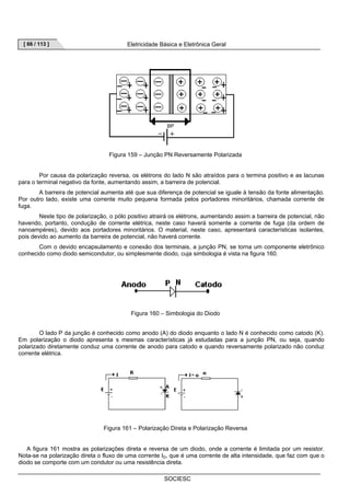 [ 66 / 113 ] Eletricidade Básica e Eletrônica Geral 
Figura 159 – Junção PN Reversamente Polarizada 
Por causa da polarização reversa, os elétrons do lado N são atraídos para o termina positivo e as lacunas 
para o terminal negativo da fonte, aumentando assim, a barreira de potencial. 
A barreira de potencial aumenta até que sua diferença de potencial se iguale à tensão da fonte alimentação. 
Por outro lado, existe uma corrente muito pequena formada pelos portadores minoritários, chamada corrente de 
fuga. 
Neste tipo de polarização, o pólo positivo atrairá os elétrons, aumentando assim a barreira de potencial, não 
havendo, portanto, condução de corrente elétrica, neste caso haverá somente a corrente de fuga (da ordem de 
nanoampéres), devido aos portadores minoritários. O material, neste caso, apresentará características isolantes, 
pois devido ao aumento da barreira de potencial, não haverá corrente. 
Com o devido encapsulamento e conexão dos terminais, a junção PN, se torna um componente eletrônico 
conhecido como diodo semicondutor, ou simplesmente diodo, cuja simbologia é vista na figura 160. 
Figura 160 – Simbologia do Diodo 
O lado P da junção é conhecido como anodo (A) do diodo enquanto o lado N é conhecido como catodo (K). 
Em polarização o diodo apresenta s mesmas características já estudadas para a junção PN, ou seja, quando 
polarizado diretamente conduz uma corrente de anodo para catodo e quando reversamente polarizado não conduz 
corrente elétrica. 
Figura 161 – Polarização Direta e Polarização Reversa 
A figura 161 mostra as polarizações direta e reversa de um diodo, onde a corrente é limitada por um resistor. 
Nota-se na polarização direta o fluxo de uma corrente ID, que é uma corrente de alta intensidade, que faz com que o 
diodo se comporte com um condutor ou uma resistência direta. 
SOCIESC 
 
