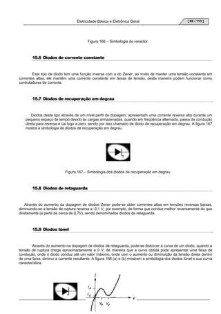 Eletricidade Básica e Eletrônica Geral 
SOCIESC 
[ 69 / 113 ] 
Figura 166 – Simbologia do varactor. 
15.6 Diodos de corrente constante 
Este tipo de diodo tem uma função inversa com a do Zener, ao invés de manter uma tensão constante em 
correntes altas, ele mantém uma corrente constante em faixas de tensão, desta maneira podem funcionar como 
controladores de corrente. 
15.7 Diodos de recuperação em degrau 
Diodos deste tipo através de um nível perfil de dopagem, apresentam uma corrente reversa alta durante um 
pequeno espaço de tempo devido às cargas armazenadas, quando em freqüência alternada, passa da condução 
direta para reversa e cai logo a zero, sendo por isso chamado de diodo de recuperação em degrau. A figura 167 
mostra a simbologia de diodos de recuperação em degrau. 
Figura 167 – Simbologia dos diodos de recuperação em degrau. 
15.8 Diodos de retaguarda 
Através do aumento da dopagem de diodos Zener pode-se obter correntes altas em tensões reversas baixas, 
diminuindo-se a tensão de ruptura reversa a -0,1 V, por exemplo, de forma que conduz melhor reversamente do que 
diretamente (a partir de cerca de 0,7V), sendo denominados diodos de retaguarda. 
15.9 Diodos túnel 
Através do aumento na dopagem de diodos de retaguarda, pode-se distorcer a curva de um diodo, quando a 
tensão de ruptura chega aproximadamente a 0 V, de maneira que a curva obtida pode apresentar uma faixa de 
condução, onde o diodo conduz até um valor máximo, onde com o aumento ou diminuição da tensão direta dentro 
de uma faixa, diminui a corrente resultante. A figura 168 (a) e (b) mostram a simbologia dos diodos túnel e sua curva 
característica. 
 