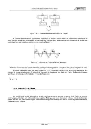 Eletricidade Básica e Eletrônica Geral 
SOCIESC 
[ 75 / 113 ] 
Figura 176 – Corrente alternando em função do Tempo 
A corrente alterna devido, obviamente, a variação da tensão. Sendo assim, se observarmos as formas de 
onda de uma tensão em um aparelho próprio para isso (osciloscópio), veremos que hora os valores de tensão são 
positivos e hora são negativos, conforme nos mostra a figura 31. 
Figura 177 – Formas de Onda da Tensão Alternada 
Podemos observar que a Tensão alternada possa por valores positivos e negativos até que se complete um ciclo. 
O tempo necessário para que se complete um ciclo é chamado de período e é dado em segundos, e o 
número de ciclos completos em 1 segundo é chamado de freqüência e é dado em Hertz. Relacionando essas 
grandezas, obtemos que o Período é o inverso da freqüência: 
P = 1 / F 
18.2 TENSÃO CONTÍNUA 
Ao contrário da tensão alternada, a tensão contínua apresenta sempre o mesmo sinal. Assim, a corrente 
contínua possui sempre um valor positivo ou negativo. Note que ela pode alternar de valores, mas o sinal sempre 
será o mesmo. Isto é fundamental para entendermos os tipos de ondas que a tensão contínua pode nos fornecer, 
conforme mostra a figura: 
 