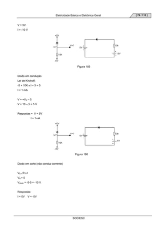 Eletricidade Básica e Eletrônica Geral 
SOCIESC 
[ 79 / 113 ] 
V = 5V 
I = -10 V 
Figura 185 
Diodo em condução 
Lei de Kirchoff: 
-5 + 10K x I – 5 = 0 
I = 1 mA 
V = +VR – 5 
V = 10 – 5 = 5 V 
Respostas = V = 5V 
I = 1mA 
Figura 186 
Diodo em corte (não conduz corrente) 
VR = R x I 
VR = 0 
Vdiodo = -5-5 = -10 V 
Respostas: 
I = 0V V = -5V 
 