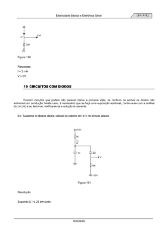 Eletricidade Básica e Eletrônica Geral 
SOCIESC 
[ 81 / 113 ] 
Figura 190 
Respostas: 
I = 2 mA 
V = 0V 
19 CIRCUITOS COM DIODOS 
Existem circuitos que podem não parecer claros a primeira vista, se nenhum ou ambos os diodos não 
estiverem em condução. Neste caso, é necessário que se faça uma suposição aceitável, continua-se com a análise 
do circuito e ao terminar, verifica-se se a solução é coerente. 
Ex: Supondo os diodos ideais, calcule os valores de I e V no circuito abaixo. 
Figura 191 
Resolução: 
Supondo D1 e D2 em corte: 
 