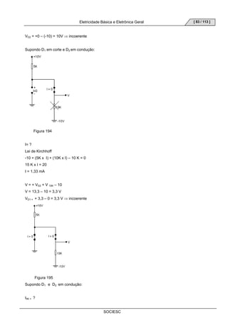 Eletricidade Básica e Eletrônica Geral 
SOCIESC 
[ 83 / 113 ] 
VD2 = +0 – (-10) = 10V ⇒ incoerente 
Supondo D1 em corte e D2 em condução: 
Figura 194 
I= ? 
Lei de Kirchhoff 
-10 + (5K x I) + (10K x I) – 10 K = 0 
15 K x I = 20 
I = 1,33 mA 
V = + VD2 + V 10K – 10 
V = 13,3 – 10 = 3,3 V 
VD1 = + 3,3 – 0 = 3,3 V ⇒ incoerente 
Figura 195 
Supondo D1 e D2 em condução: 
I5K = ? 
 